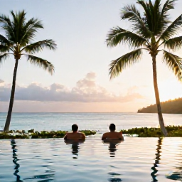 Caribbean Holidays, Trinidad Spa Breaks, A couple relaxing beside a Caribbean infinity pool in Tobago at sunset, with palm trees and a peaceful tropical landscape