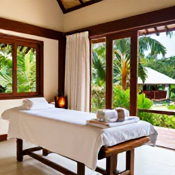 Caribbean Holidays, Trinidad Spa Breaks, A peaceful spa treatment room in Tobago with natural wood furnishings, soft towels, candles and views of lush tropical greenery