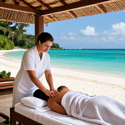 Caribbean Holidays, Trinidad Spa Breaks, A relaxed traveller receiving a massage at an open-air Caribbean spa overlooking a turquoise sea and sandy beach in Tobago