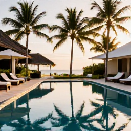 Caribbean Holidays, Trinidad Spa Breaks, A tranquil Caribbean spa resort in Trinidad with palm trees, a calm pool and warm morning sunlight