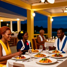 Caribbean Holidays, Trinidad Spa Breaks, Colourful Trinidad evening dining scene with local Caribbean dishes, soft lights and a relaxed outdoor restaurant atmosphere