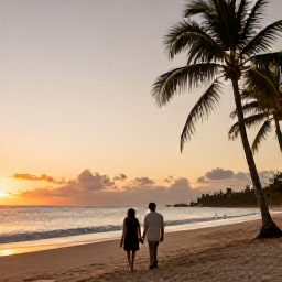 Caribbean Holidays, Trinidad Spa Breaks, Couple enjoying a calm beach walk near Trinidad at sunset, with palm trees and gentle Caribbean waves