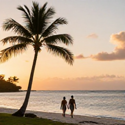 Caribbean Holidays, Trinidad Spa Breaks, Couple enjoying a quiet beachfront walk in Tobago at sunset, with palm trees, calm water and soft golden light