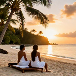 Caribbean Holidays, Trinidad Spa Breaks, Couple enjoying a relaxing spa break in Tobago, seated on a quiet beach near a tropical resort at sunset