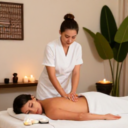 Caribbean Holidays, Trinidad Spa Breaks, Couple receiving a relaxing massage at a Caribbean spa in Trinidad, surrounded by calm interiors, candles and tropical plants