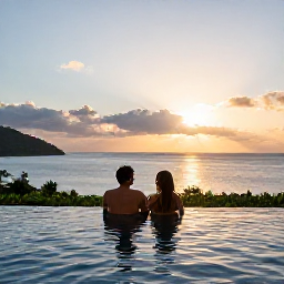 Caribbean Holidays, Trinidad Spa Breaks, Couple relaxing beside an infinity pool overlooking a Caribbean coastline in Trinidad and Tobago at sunset