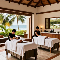 Caribbean Holidays, Trinidad Spa Breaks, Elegant Caribbean resort lounge in Trinidad with a couple relaxing after a spa treatment, tropical views and tasteful decor