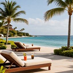 Caribbean Holidays, Trinidad Spa Breaks, Elegant Caribbean resort terrace overlooking the sea in April, with comfortable loungers, tropical drinks and gentle sunshine