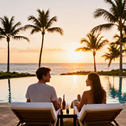 Caribbean Holidays, Trinidad Spa Breaks, Happy couple relaxing on a Caribbean spa holiday in Trinidad at sunset, with palm trees, poolside loungers and warm evening light