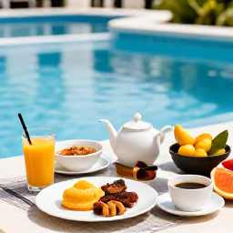 Caribbean Holidays, Trinidad Spa Breaks, Healthy Caribbean breakfast and fresh tropical fruit beside a spa pool in Trinidad, representing a balanced wellness holiday