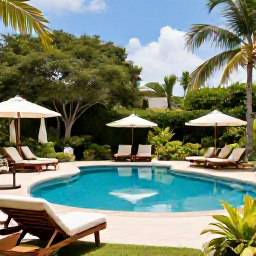 Caribbean Holidays, Trinidad Spa Breaks, Luxury spa hotel in Trinidad surrounded by lush green gardens and tropical palms, showing a peaceful pool and comfortable outdoor relaxation area