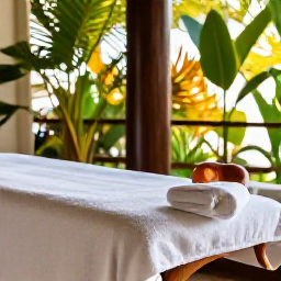 Caribbean Holidays, Trinidad Spa Breaks, Peaceful Caribbean spa setting with a massage table, soft towels, tropical plants and sunlight filtering through windows