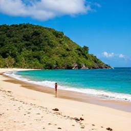 Caribbean Holidays, Trinidad Spa Breaks, Peaceful Maracas Bay in Trinidad with golden sand, turquoise sea, green hills and a quiet traveller enjoying the view