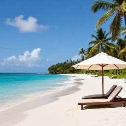 Caribbean Holidays, Trinidad Spa Breaks, Peaceful Tobago beach beside a luxury spa resort, with turquoise water, white sand, shaded loungers and tropical greenery