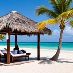 Caribbean Holidays, Trinidad Spa Breaks, Peaceful Tobago beach resort spa with open-air treatment pavilion, palm trees, turquoise sea and soft white sand
