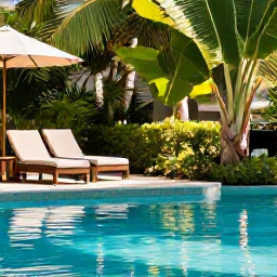 Caribbean Holidays, Trinidad Spa Breaks, Peaceful Trinidad hotel pool surrounded by tropical greenery, with a comfortable sun lounger and warm Caribbean afternoon light