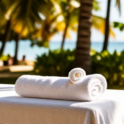 Caribbean Holidays, Trinidad Spa Breaks, Relaxing spa treatment in a tropical Trinidad resort, with palm trees, soft towels and warm natural light
