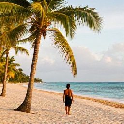 Caribbean Holidays, Trinidad Spa Breaks, Traveller enjoying a calm beach walk near Port of Spain, Trinidad, with palm trees, turquoise water and soft June sunlight