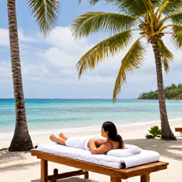 Caribbean Holidays, Trinidad Spa Breaks, Traveller enjoying a peaceful spa day near a tropical beach in Tobago, with palm trees, turquoise sea and a calm Caribbean setting