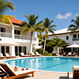 Caribbean Holidays, Trinidad Spa Breaks, Visitors relaxing beside a tropical hotel pool in Trinidad, with loungers, green palms and a clear blue sky