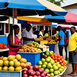 Caribbean Holidays, Trinidad Tobago August, Busy Port of Spain market street in August, featuring colourful food stalls, tropical fruit and friendly local shoppers