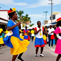 Caribbean Holidays, Trinidad Tobago August, Colourful Caribbean street festival in Port of Spain, Trinidad, with local musicians, dancers and visitors enjoying a lively August celebration