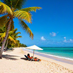Caribbean Holidays, Trinidad Tobago August, Pristine Tobago beach with soft golden sand, turquoise sea, palm trees and a couple relaxing beneath a beach umbrella