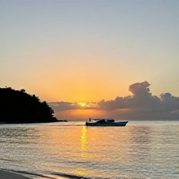 Caribbean Holidays, Trinidad Tobago August, Sunset over a Caribbean bay in Tobago with a small boat on calm water and warm evening light
