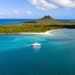 Caribbean Holidays, Trinidad Tobago Holidays, Aerial view of Trinidad and Tobago with turquoise Caribbean water, lush green coastline and a small inter-island ferry