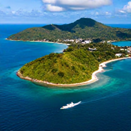 Caribbean Holidays, Trinidad Tobago Holidays, Aerial view of Trinidad and Tobago with turquoise sea, lush green hills and a small boat travelling between the islands