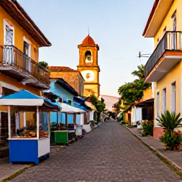Caribbean Holidays, Trinidad Tobago Holidays, Colourful Port of Spain street scene with local food stalls, tropical plants and historic buildings in warm afternoon light