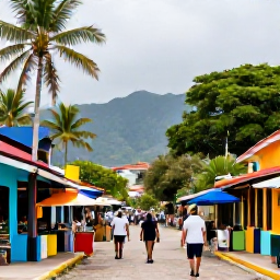 Caribbean Holidays, Trinidad Tobago Holidays, Colourful Port of Spain street scene with local market stalls, tropical trees and glimpses of the Northern Range mountains