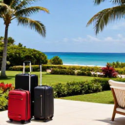 Caribbean Holidays, Trinidad Tobago Holidays, Comfortable Caribbean hotel terrace overlooking a tropical garden and blue sea, with luggage ready for an island holiday
