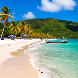 Caribbean Holidays, Trinidad Tobago Holidays, Peaceful Tobago beach with clear turquoise water, palm trees, colourful fishing boats and lush green hills