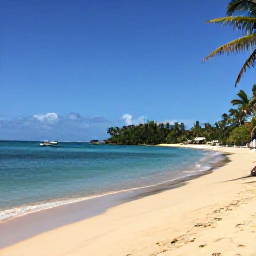 Caribbean Holidays, Trinidad Tobago Holidays, Quiet Tobago beach with clear blue water, soft sand, palm trees and a small boat offshore under a sunny April sky