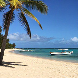 Caribbean Holidays, Trinidad Tobago Holidays, Quiet Tobago beach with powdery sand, swaying palms, calm turquoise water and a traditional fishing boat near the shore