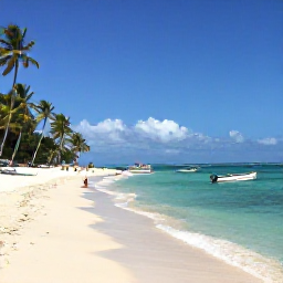 Caribbean Holidays, Trinidad Tobago January, Quiet Tobago beach with clear turquoise water, palm trees, small boats and snorkellers near the shore