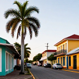 Caribbean Holidays, Trinidad Tobago July, Colourful Port of Spain street scene in July with palm trees, local buildings and warm Caribbean light
