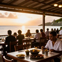 Caribbean Holidays, Trinidad Tobago July, Friendly Caribbean restaurant in Tobago at sunset with local dishes on tables and relaxed holiday atmosphere