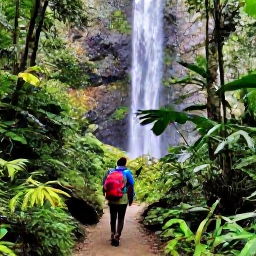 Caribbean Holidays, Trinidad Tobago July, Waterfall and lush tropical rainforest in Trinidad with a guided visitor walking along a forest trail