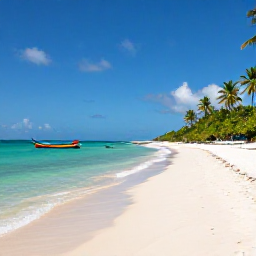 Caribbean Holidays, Trinidad Tobago July, Wide sandy beach at Pigeon Point Tobago in July with clear turquoise water, palm trees and colourful small boats