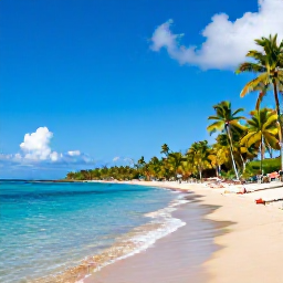 Caribbean Holidays, Trinidad Tobago June, Colourful Caribbean coastline with a lively beach, palm trees and clear turquoise water in Trinidad and Tobago during June