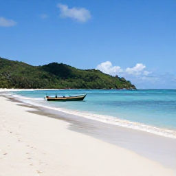 Caribbean Holidays, Trinidad Tobago June, Peaceful Tobago beach with white sand, calm blue sea, green hills and a small boat near the shore