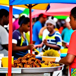 Caribbean Holidays, Trinidad Tobago June, Street food stalls and colourful local dishes in a lively Trinidad market, with friendly visitors enjoying Caribbean cuisine