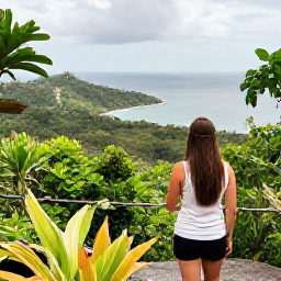 Caribbean Holidays, Trinidad Tobago June, Traveller enjoying a scenic rainforest viewpoint over Tobago&rsquo;s coastline, with tropical vegetation and soft June sunlight