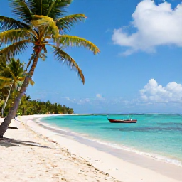 Caribbean Holidays, Trinidad Tobago May, Quiet tropical beach on Tobago in May, turquoise water, soft sand, coconut palms and a small boat offshore