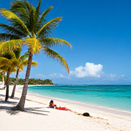 Caribbean Holidays, Trinidad Tobago October, Quiet Tobago beach with palm trees, turquoise sea, soft sand and a couple relaxing near the shoreline
