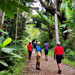 Caribbean Holidays, Trinidad Tobago October, Visitors exploring a lush Trinidad rainforest trail with dramatic tropical trees, birds and a knowledgeable local guide