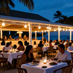 Caribbean Holidays, Trinidad Tobago October, Warm Caribbean evening in Tobago with outdoor dining, local food, gentle lights and relaxed holiday ambience