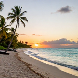 Caribbean Holidays, Trinidad Tobago September, Tobago beach at sunset in September, with soft sand, calm turquoise water, palm trees and a peaceful Caribbean setting